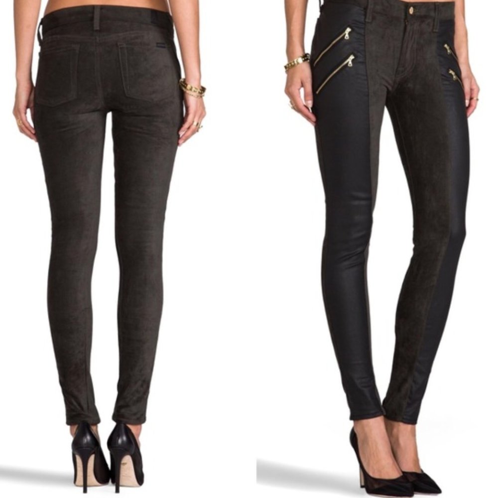 7FAM Black & Green Suede Skinny Pants Zippered